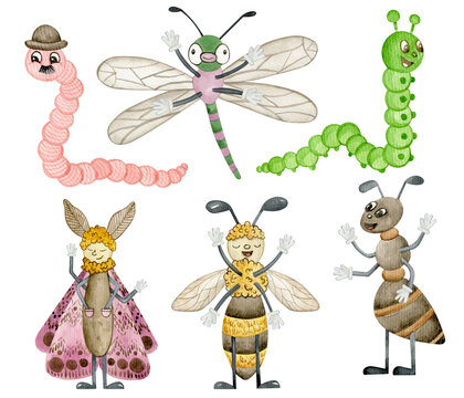 Watercolor cute cartoon beetles clipart set. Hand drawn worm, dragonfly, caterpillar, moth, bee,ant illustartion.