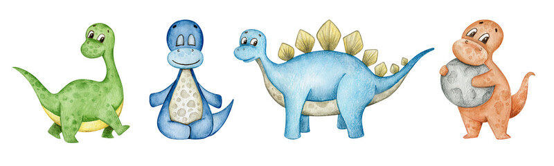 Cartoon watercolor dinosaur set.  Watercolor hand drawn clipart isolated on white background. Illustration for kids room, birthday, child party © Катерина Тышковская