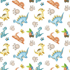 Watercolor cute dinosaur kids seamless pattern. Hand drawn elements baby dino, footprint, butterfly wallpaper. Isolated on white background. © Катерина Тышковская