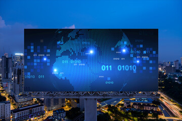 Hologram of Earth planet map on billboard over night panoramic cityscape of Kuala Lumpur, Malaysia, Asia. The concept of international companies in KL. Globe