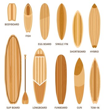 Wooden surfboard sizes and types, bodyboard, longboards and shortboards. Cartoon surf boards shapes design, funboard and hybrid vector set