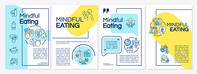 Mindful eating blue and yellow brochure template. Attentive nutrition. Leaflet design with linear icons. 4 vector layouts for presentation, annual reports. Questrial, Lato-Regular fonts used