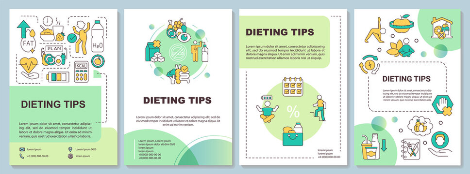 Dieting tips green brochure template. Losing weight. Healthy nutrition. Leaflet design with linear icons. 4 vector layouts for presentation, annual reports. Arial-Bold, Myriad Pro-Regular fonts used