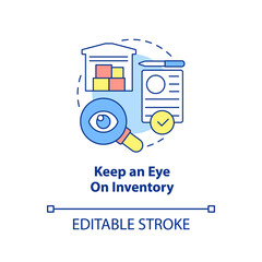 Keep eye on inventory concept icon. Way to increase business efficiency abstract idea thin line illustration. Isolated outline drawing. Editable stroke. Arial, Myriad Pro-Bold fonts used