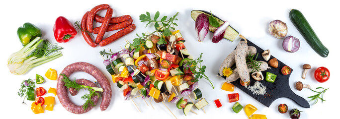 Varied Grills-Flexitarian Diet with skewers meat and vegetables panoramic view