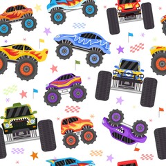 Fototapety  Seamless pattern with cartoon monster trucks for boy. Extreme racing heavy cars with big tires. Toys monster truck for cool kid vector print