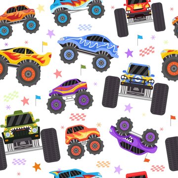 Seamless pattern with cartoon monster trucks for boy. Extreme racing heavy cars with big tires. Toys monster truck for cool kid vector print