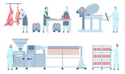 Beef sausages production process stages in factory with workers. Livestock meat products industry and manufacturing line machine vector set