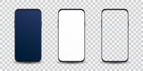 Front view of realistic mobile phone device mockup isolated. Smartphone frame with blank dark, white, and transparent screen. Template for app and UI-UX presentation. EPS10 illustration vector.