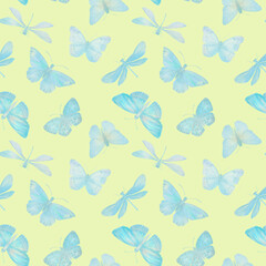 Digitally processed seamless botanical pattern. Raster texture of animalistic design. Delicate watercolor butterflies collected in a seamless pattern for design.