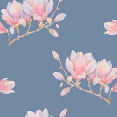 Seamless pattern of magnolia flowers. Watercolor illustration for design, ready-made seamless background with delicate flowers. botanical pattern
