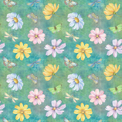 Seamless botanical abstract pattern. A background of flowers and butterflies for design, packaging, printing, wallpaper and scrabbooking.