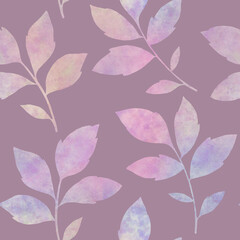 Prints of abstract branches with leaves repeating seamless pattern. Digital hand drawn picture with watercolor texture. Leaves seamless watercolor pattern. endless motif for textile decor and design