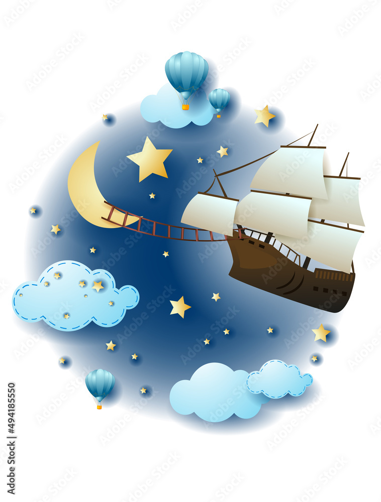 Canvas Prints Night landscape with clouds and flying vessel, fantasy illustration. Vector eps10