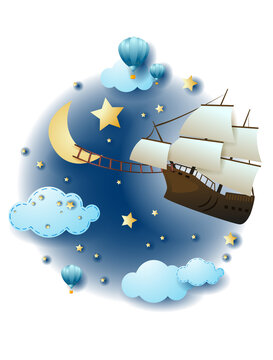 Night landscape with clouds and flying vessel, fantasy illustration. Vector eps10