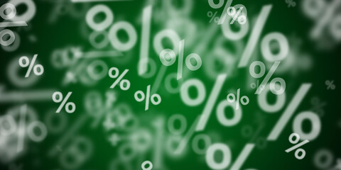 Abstract green background with flying percent signs - obrazy, fototapety, plakaty