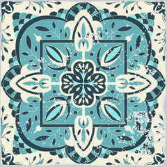Traditional ornate Portuguese tiles azulejos. Ethnic folk ornament. The vintage pattern. Majolica. Vector decorative background. Indigo, Coral, Turquoise.