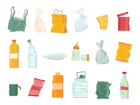 Plastic garbage pollution, bags, bottles, disposable tableware and package. Sorting junk and recycle plastic waste. Cartoon trash vector set
