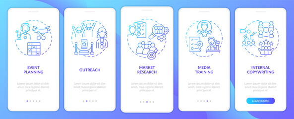 PR services for organizations blue gradient onboarding mobile app screen. Walkthrough 5 steps graphic instructions pages with linear concepts. UI, UX, GUI template. Myriad Pro-Bold, Regular fonts used
