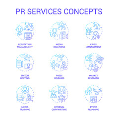 PR services blue turquoise concept icons set. Strategy for business. Advertising agency idea thin line color illustrations. Isolated symbols. Editable stroke. Roboto-Medium, Myriad Pro-Bold fonts used