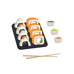 Set with japanese sushi dish, rolls with salmon fish. Delicious oriental traditional food on black tray with chopsticks, ginger, wasabi and soy sauce. Vector flat food illustration