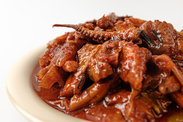 Stir-fried squid on white background