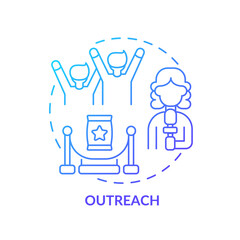 Outreach blue gradient concept icon. Boosting positive brand reputation. Service of PR firm abstract idea thin line illustration. Isolated outline drawing. Myriad Pro-Bold font used
