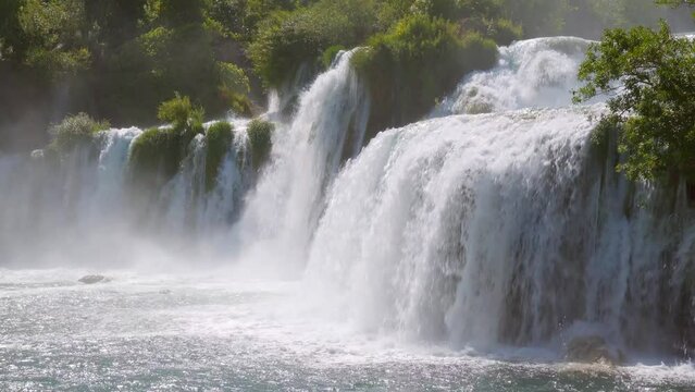 Skradinski buk the most splendid waterfall in Krka National Park. Filmed in 4K video.