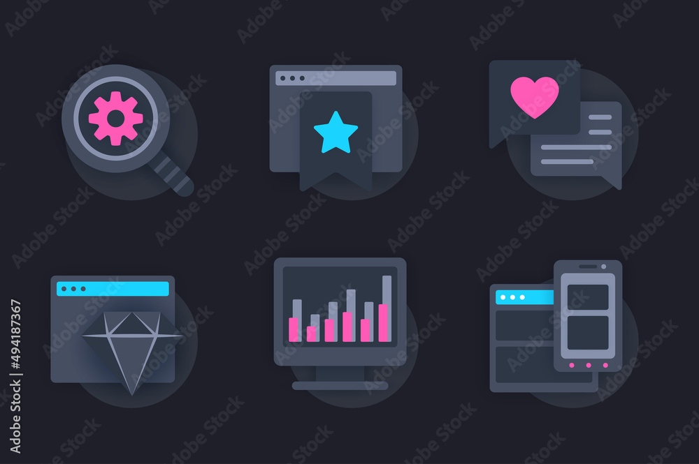 Leinwandbilder seo optimization web concept of 3d paper icons set. pack flat pictograms of search and settings of p
