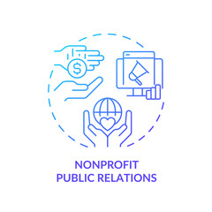 Fototapeta premium Nonprofit public relations blue gradient concept icon. Charity organizations. Types of PR firms abstract idea thin line illustration. Isolated outline drawing. Myriad Pro-Bold font used