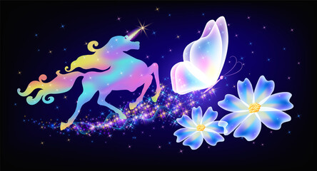 Obraz na płótnie Canvas Galloping iridescent unicorn with luxurious winding mane and flying butterfly against the background of the fantasy universe with sparkling stars and flowers