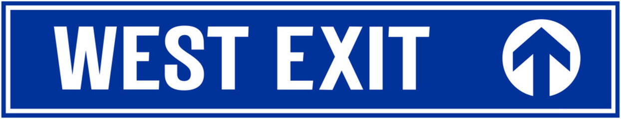 A sign that indicates the west exit in blue color. Direction.