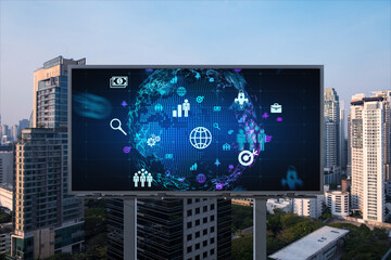 World planet Earth map hologram of social media icons over sunset panoramic cityscape of Bangkok, Southeast Asia. The concept of people connections.