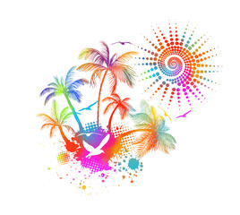 Abstract multicolored watercolor imitation splashes background with tropical palm. Trendy summer vacation background.