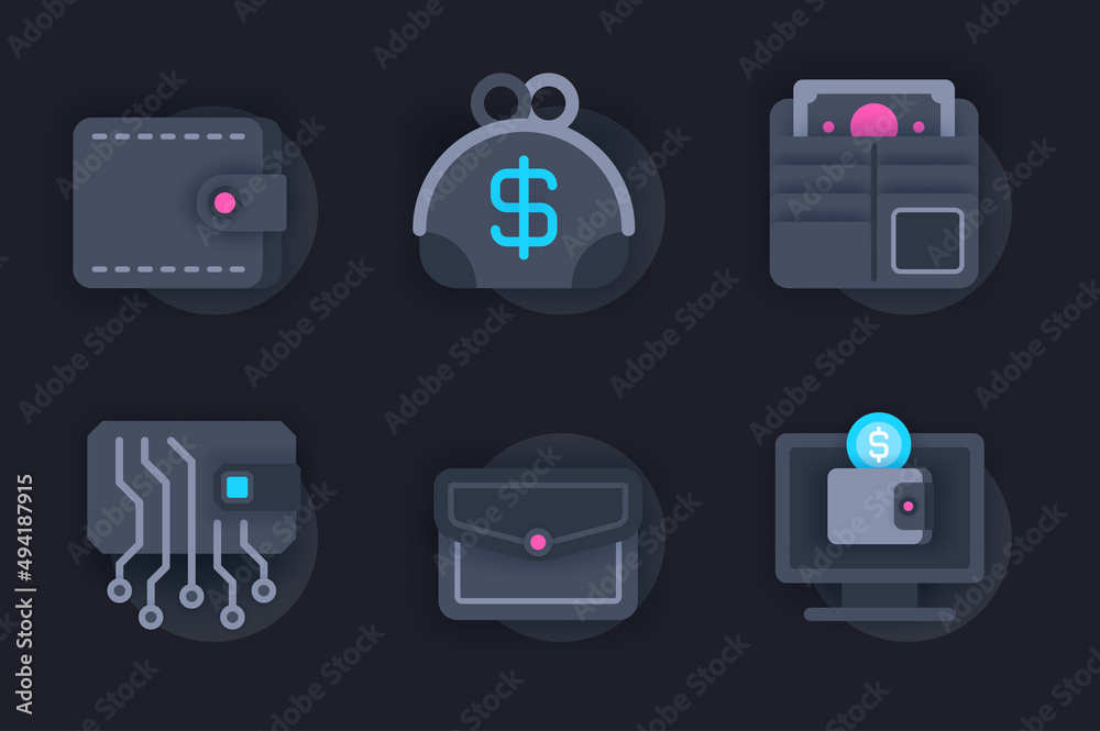 Aufkleber Wallet web concept of 3d paper icons set. Pack flat pictograms of cash storage in different wallets, online transactions, payment for purchases and others. Vector elements for website in dark style