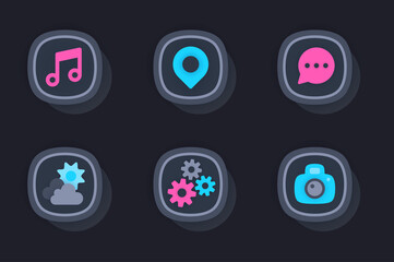Mobile app web concept of 3d paper icons set. Pack flat pictograms of buttons for application interface. Music, location, message, settings, photo or weather. Vector elements for website in dark style