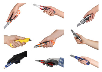 Collage with photos of people holding utility knives on white background, closeup