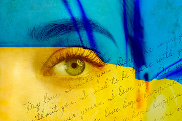 Multiple exposure of Ukrainian national flag, letter and young woman, closeup view