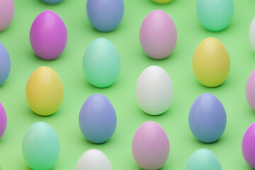 3d render Easter eggs isometric pattern background with shallow depth of field. Colorful eggs