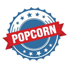 POPCORN text on red blue ribbon stamp.