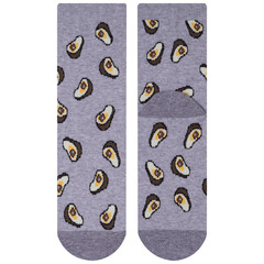 a pair of gray socks with a pattern of many avocado slices, one sock lies with the front side, the other lies with the back side, isolate