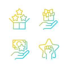 Effective sales strategy gradient linear vector icons set. Bundle service. Free gift. Cash bonus. Motivation. Thin line contour symbol designs bundle. Isolated outline illustrations collection