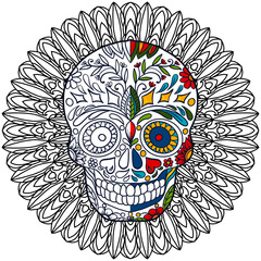 skull with folk style flowers and mandala in the shape of a flower for coloring, day of the dead, coloring book pages