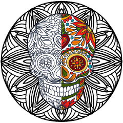 skull with folk style flowers and mandala for coloring, day of the dead, coloring book pages