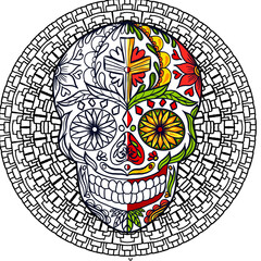 skull with folk style flowers and mandala with geometric figures for coloring, day of the dead, coloring book pages