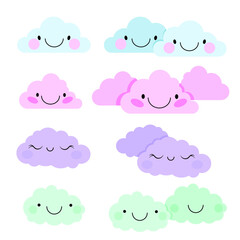 Set of colorful smiling clouds