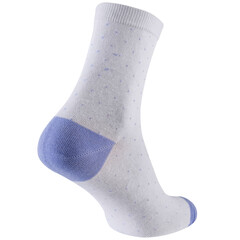 white volumetric sock with a blue heel and toe and with blue spots, located heel forward