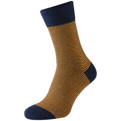 voluminous blue sock with yellow stripes, located toe forward, on a white background