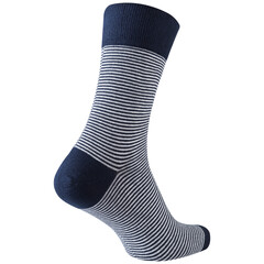 voluminous sock in blue and white stripes, heel forward, on a white background