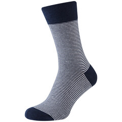 voluminous sock in blue and white stripes, located toe forward, on a white background